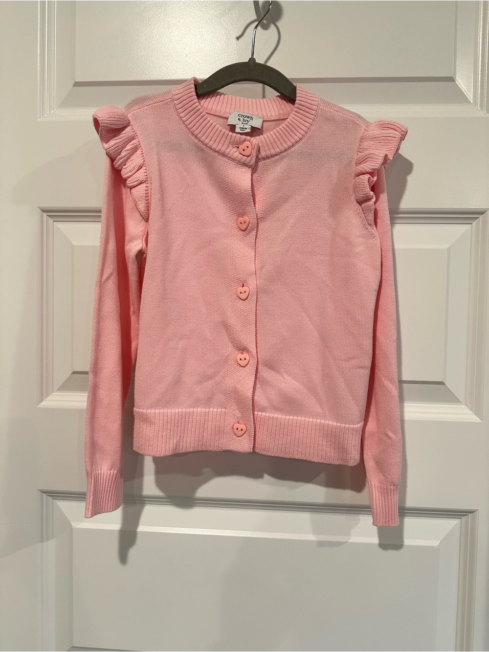 Crown & Ivy Girls Size 5 Pink Ruffle Shoulder Button Cardigan Sweater - EUC